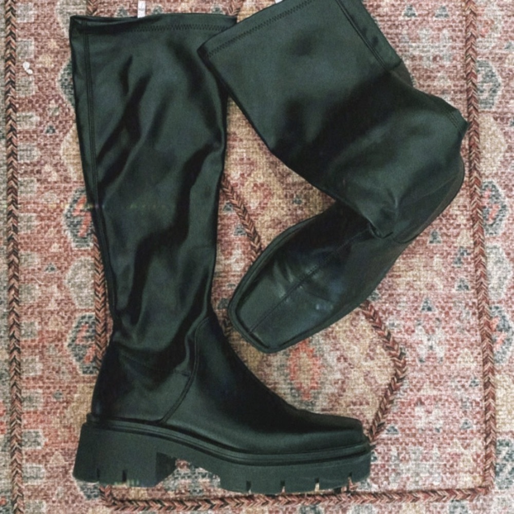 Knee high black boots square toe chunky